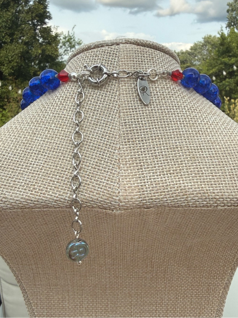 Handcrafted Blue Glass Beaded Necklace & Earrings with Red Crystal Accents - Picture 4 of 5